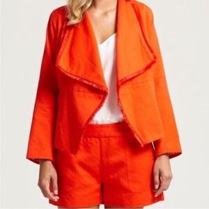 Marie Oliver Brilliant Red Orange Spring Open Moto Fringe Blazer Jacket Pockets